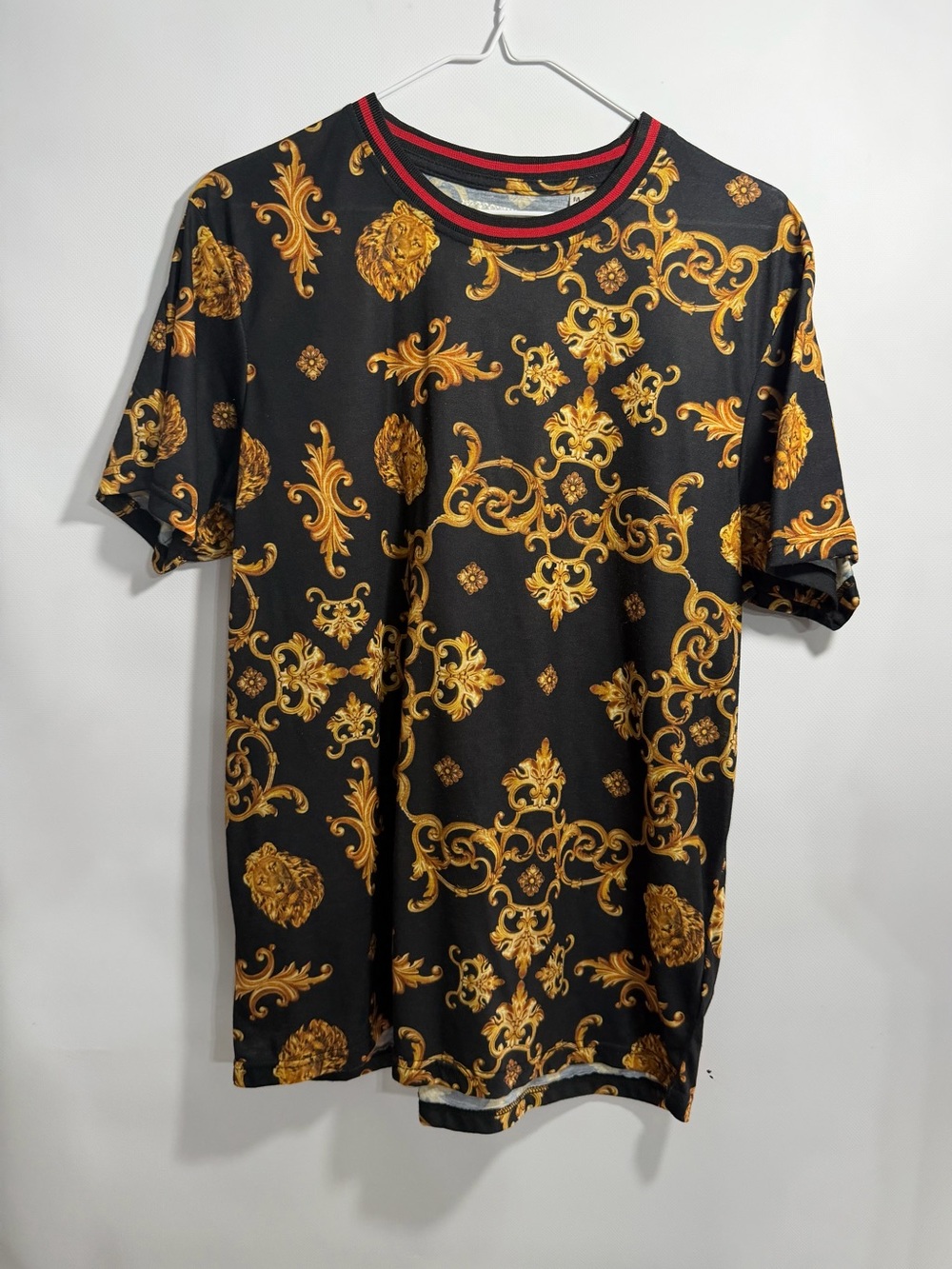 Men's Black Tee with Gold Baroque Print and Red Trim